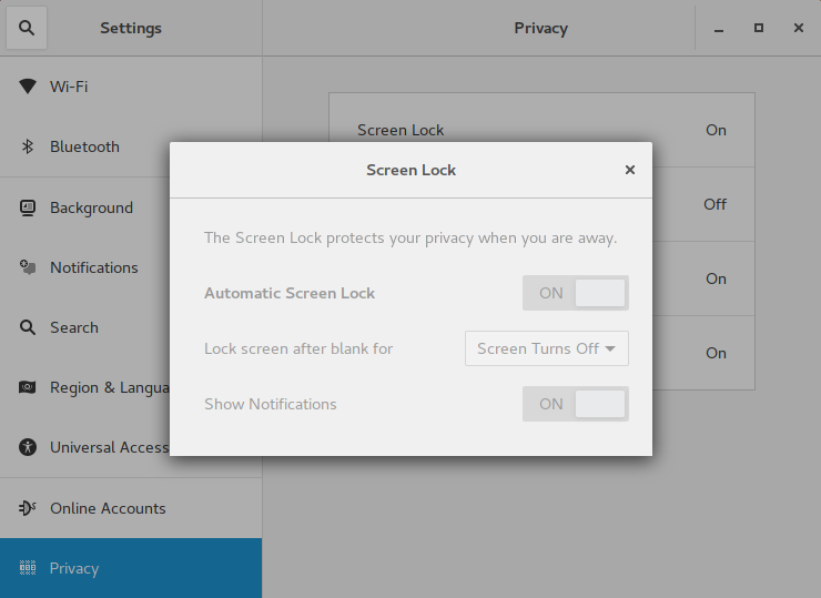 In Gnome Settings, under Privacy, the screen lock options are grayed out, though enabled